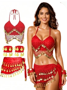 Boho Festival Rave Coin Sequin Bralette With Fringe Hip Sash And Wrist Bands For Burning Man, Beach Party And Outdoor Event - Multicolor - View 7