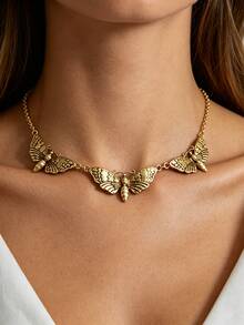 1pc Gold Metallic Moth Skeleton Pendant Necklace, Punk Style For Men And Women, Party Accessory - 金色 - 查看 3