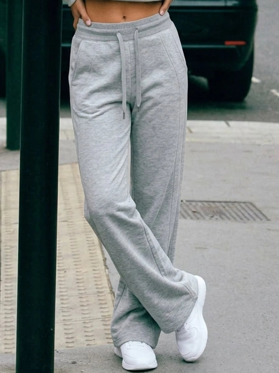Never me Women's Solid Color Heather Gray High Waist Drawstring Wide Leg Pants With Pockets, Soft Drapey Running Casual Floor Length Trousers - Light Grey - View 1