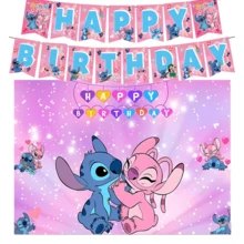 Hasbro Romantic Pink Stitch & Angel DIY Decoration Set, Happy Birthday Banner, Couple Starry Twinkling Fabric Backdrop, Lightweight Photo Background, Suitable For Holiday Celebration & Anime Fan Gathering Decor - Multicolor - View 3