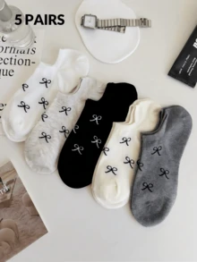 5Pairs Women's Sweet Bow Knot Simple Boat Socks, Invisible Socks, Casual Socks, Non-Slip Socks, Suitable For Daily Wear And Travel, Spring/Autumn/Summ - Multicolor - View 3