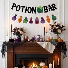 2pcs Witch Poison Theme Banners, Halloween Poison Bat Horror Witch Haunted House Theme 2D Classic Felt Potion Bar Triangular Flags, Unisex Halloween Party Decoration, Fun Halloween Decor, Fireplace Decoration, Room Decoration - A - View 6