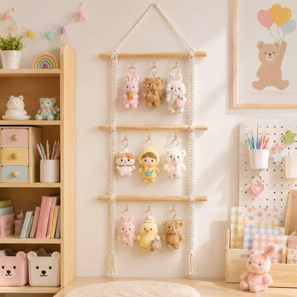 Wooden Wall Hanging Toy Storage Rack With Natural Wood Color And Minimalist Design, 3 Rod Display Organizer With 30 Hooks, Doll Holder, Plush Toy Storage, Nursery Room Decor, Kids Room Organizer, Hanging Display Shelf, Home Decoration