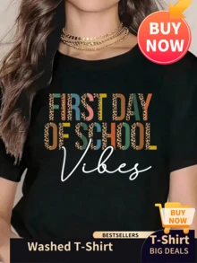 Schulanfang Vibes Happy First Day Of School Für Lehrer Rundhals Kurzarm T-Shirt Grafik Tee Damen Kleidung 100% Top Für Frauen - Schwarz - Übersicht 1