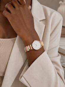 Women's Elegant Gemstone Color Block Elastic Band Quartz Watch, Rose Gold Minimalist White Dial Fashion Women's Wristwatch, Daily Casual Versatile Women's Watch, Birthday, Christmas, Mother's Day Gift - Gold - View 8