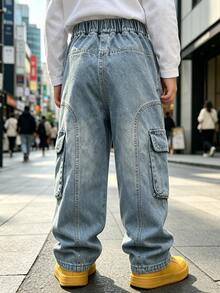 Tween Boys' Autumn Loose Fit Straight Leg Cargo Denim Jeans With Large Pockets, Suitable For Back To School, Daily, Home And Outdoor Casual Wear - Baby Blue - View 5