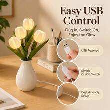 Potted Tulip LED Night Light, Artificial Flower Table Lamp With Ceramic Pot, USB Powered Desk Atmosphere Lamp For Bedroom Home Decor Romantic Gift - Multicolor - View 4