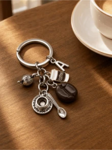 1pc Exquisite Letter Coffee Theme Keychain, Vintage Metal Coffee Bean Teapot Cup Spoon Pendant Key Ring, Casual Creative Commemorative Gift, French Versatile Accessory - Multicolor - View 11