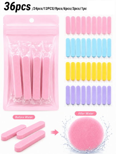 36pcs/24pcs/12pcs/9pcs/6pcs/3pcs/1pc Compressed Facial Cleansing Sponges, Round Makeup Remover Pads, Soft Exfoliating Face Wash Sponges For Women, Reusable Travel-Friendly Portable Storage, Suitable For Travel, Birthday Gift, Business Trip, Bathroom, School, Makeup Enthusiasts