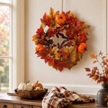 Autumn Harvest Pumpkin Wreath, 15 Inch Artificial Maple Leaf Wreath With Orange Pumpkins And Berries, Suitable For Front Door, Wall And Fireplace Decoration - Pumpkin Berries - View 1