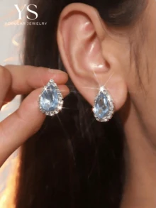 1 Pair Vintage Teardrop Full Crystal Rhinestone Stud Earrings, Elegant Luxury Rhinestone Earrings Jewelry For Women - Baby Blue - View 1