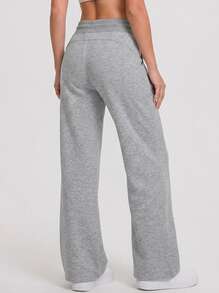 Never me Women's Solid Color Heather Gray High Waist Drawstring Wide Leg Pants With Pockets, Soft Drapey Running Casual Floor Length Trousers - Light Grey - View 2