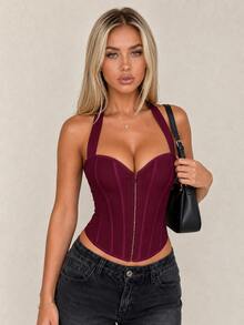Apperloth A Atasan Crop Top Bustier Tanpa Punggung dengan Lubang Logam dan Tali di Bagian Depan, Gaya Rave Y2K, Pakaian Kasual Musim Panas untuk Klub Malam - Burgundy - View 9