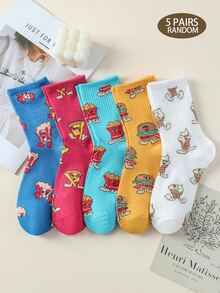 5 pares de calcetines para mujer en blanco, amarillo, rosa y azul, con divertidos y lindos patrones de dibujos animados de hamburguesa, papas fritas, pizza y helado, calcetines de media caña, de tela de punto transpirable, suave y cómoda, adecuados para uso diario, estilo de calle versátil y de moda, para todas las estaciones, interiores y exteriores - Multicolor - Ver 9