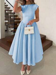Elegant Minimalist Fashion Casual Retro Flared Short Sleeve Solid Color Pleated Zipper Women's Long Dress, Suitable For Evening Party, Holiday, School, Office, Beach, Summer - Blue - View 4
