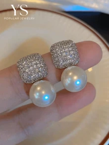 2對精緻正方形耳釘，附仿珍珠吊墜，鋅合金水鑽飾品，優雅復古風女士派對耳環 - 兩對裝 - 查看 5