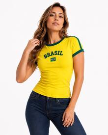 Women's Brazil Embroidered Flag Slim Fit T-Shirt - 黃色的 - 查看 4