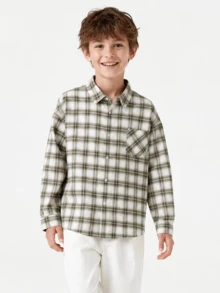 Balabala Tween Boy Spring/Autumn Casual Plaid Long Sleeve Shirt - White Green Tone - View 1