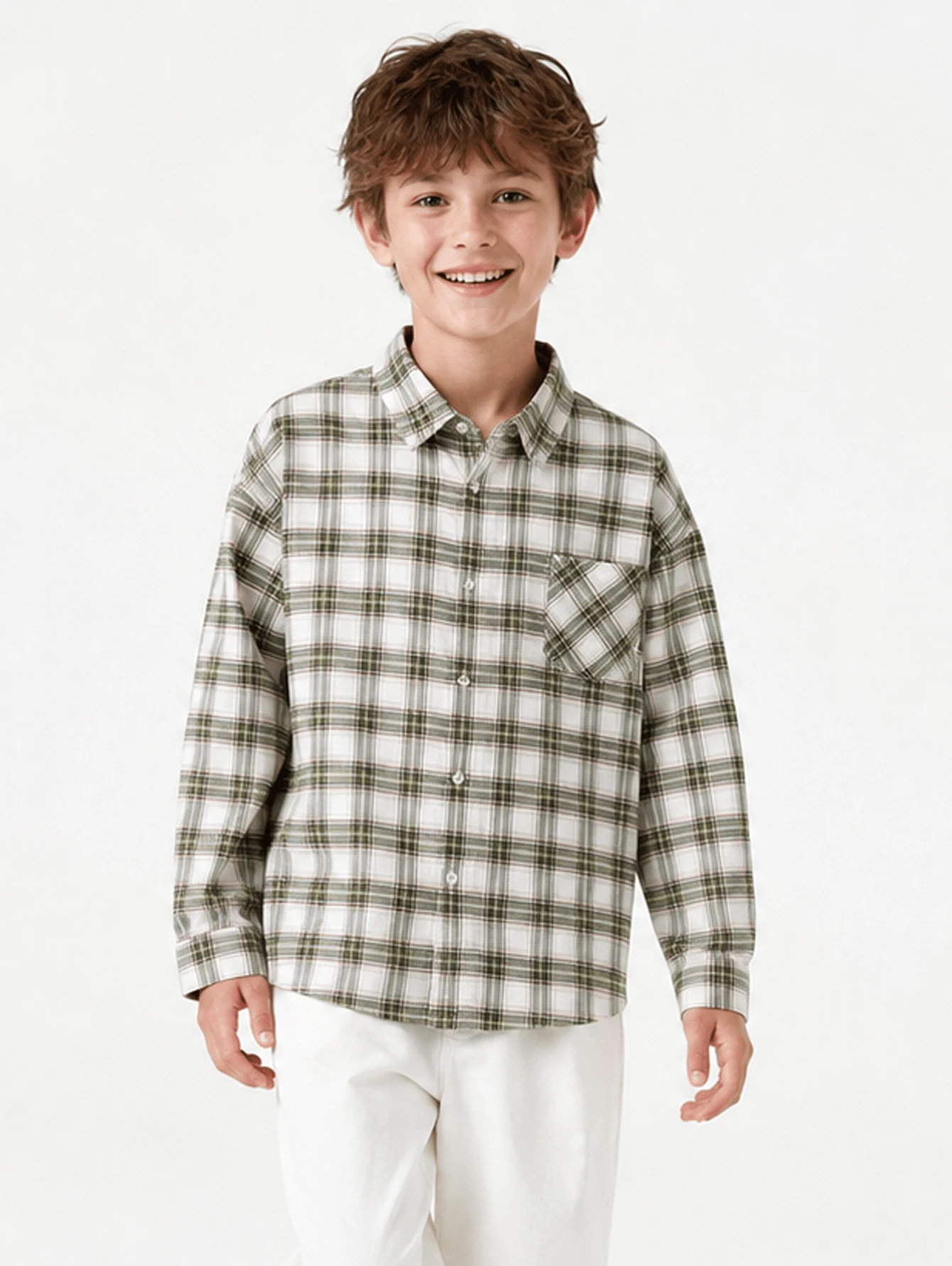 Balabala Tween Boy Spring/Autumn Casual Plaid Long Sleeve Shirt - White Green Tone - View 1