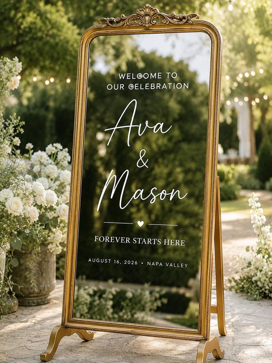 1pc Customized Mirror Sticker Wedding Decor - Wedding Signage Decoration DIY Wedding Sticker - Mirror Sticker "Welcome To Wedding" - Customized Mirror Letter Sticker Decal - Just Married - Wedding Marriage Decor/Modern Wedding Welcome Sign/Personalized Bride And Groom Name And Date/Mirror Sticker - Bridal Shower - Multicolor - View 1
