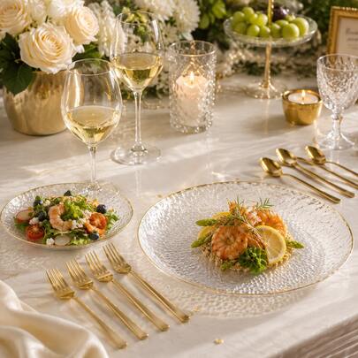 50/25/20/10-Piece Clear Gold-Rimmed Dinner Plate/Tray Set, 7.5-Inch/10.25-Inch Reusable Plates, Food Trays, Fruit And Snack Platters, Dessert And Salad Plates, Cheese And Candy Trays. Multi-Purpose Tableware Suitable For Parties, Weddings, Birthdays, Picnics, And Holiday Events.