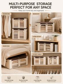 2pcs Set Formaldehyde-Removing Fabric Storage Boxes + Beige Storage Box Set, Foldable Clothing Storage Bin With Transparent Window, Dual-Opening Closet Organizer, Large Capacity Blanket Quilt Sweater Storage Container, Dust-Proof Wardrobe Storage Box, Suitable For Bedroom Home - Multicolor - View 3