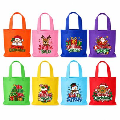 8pcs Christmas Gift Bags 20*20cm Mixed Pattern Non-Woven Fabric Tote Bags, Christmas Candy Favor Packaging Bags