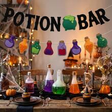 2pcs Witch Poison Theme Banners, Halloween Poison Bat Horror Witch Haunted House Theme 2D Classic Felt Potion Bar Triangular Flags, Unisex Halloween Party Decoration, Fun Halloween Decor, Fireplace Decoration, Room Decoration - A - View 7