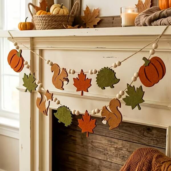 Autumn Party Banner, Featuring Squirrels, Maple Leaves, Hedgehogs, Pumpkins, Woodland Animals, Perfect For Autumn Party, Thanksgiving, Halloween, Autumn Home Decor, Wall Fireplace Hanging Felt Indoor Outdoor Hanging Banner