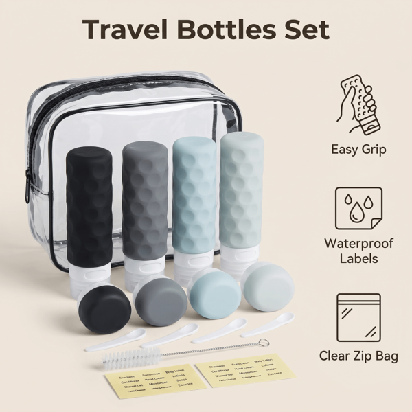 全方位易握泡泡矽膠旅行盥洗用品瓶組，可重複填充擠壓瓶與乳霜罐，附清潔工具、防水標籤與透明收納袋，防漏旅行液體容器，適用護膚品、洗髮精、沐浴露，旅行必備