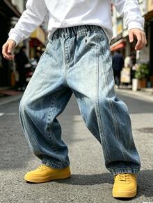 Tween Boys' Autumn Loose Fit Straight Leg Cargo Denim Jeans With Large Pockets, Suitable For Back To School, Daily Wear, Home And Outdoor Casual - Baby Blue - View 6