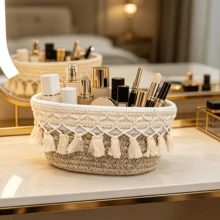 Tassel Woven Storage Basket, Bohemian Style Decorative Cosmetic Organizer Box, Suitable For Bathroom Bedroom Vanity Countertop Cosmetic Storage Bin, Shelf Storage Basket - Multicolor - View 9