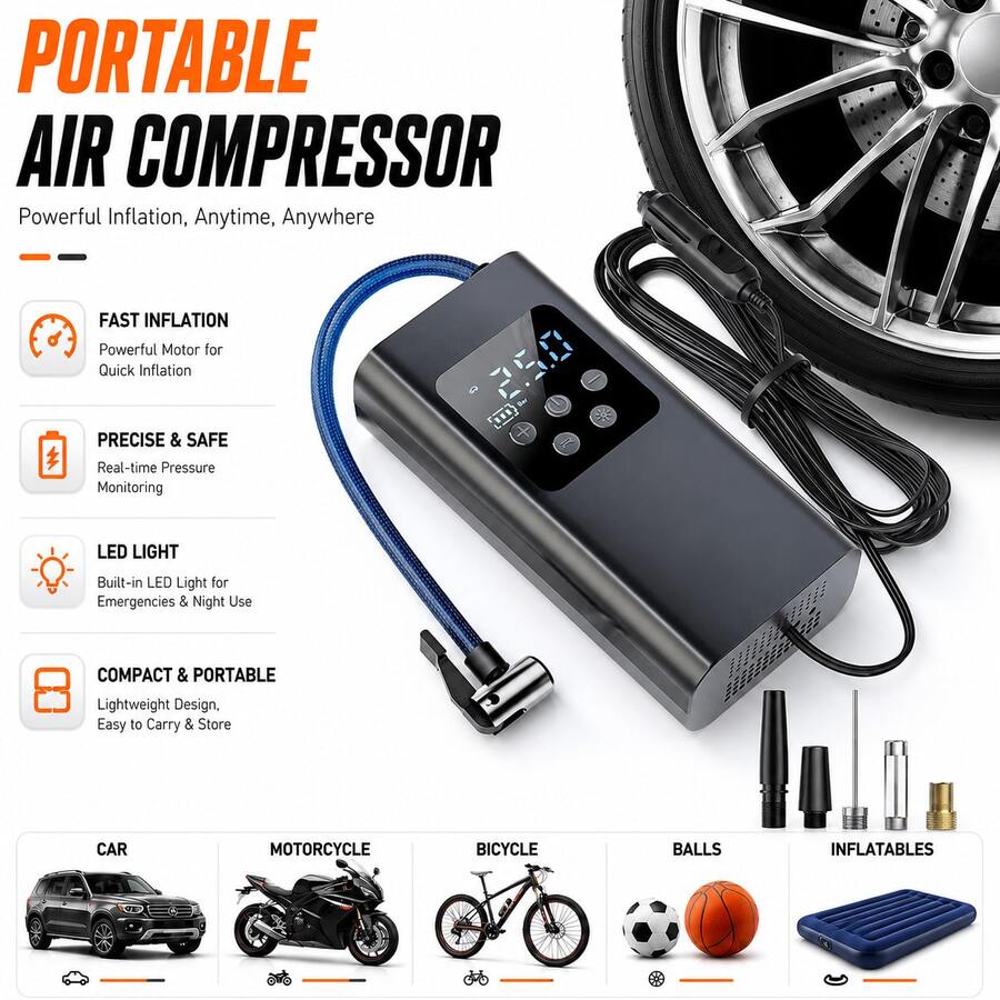 150 PSI 汽車充氣泵，數位式輪胎充氣機，便攜式汽車專用充氣泵，附 LED 燈，120W 功率，戶外旅行必備