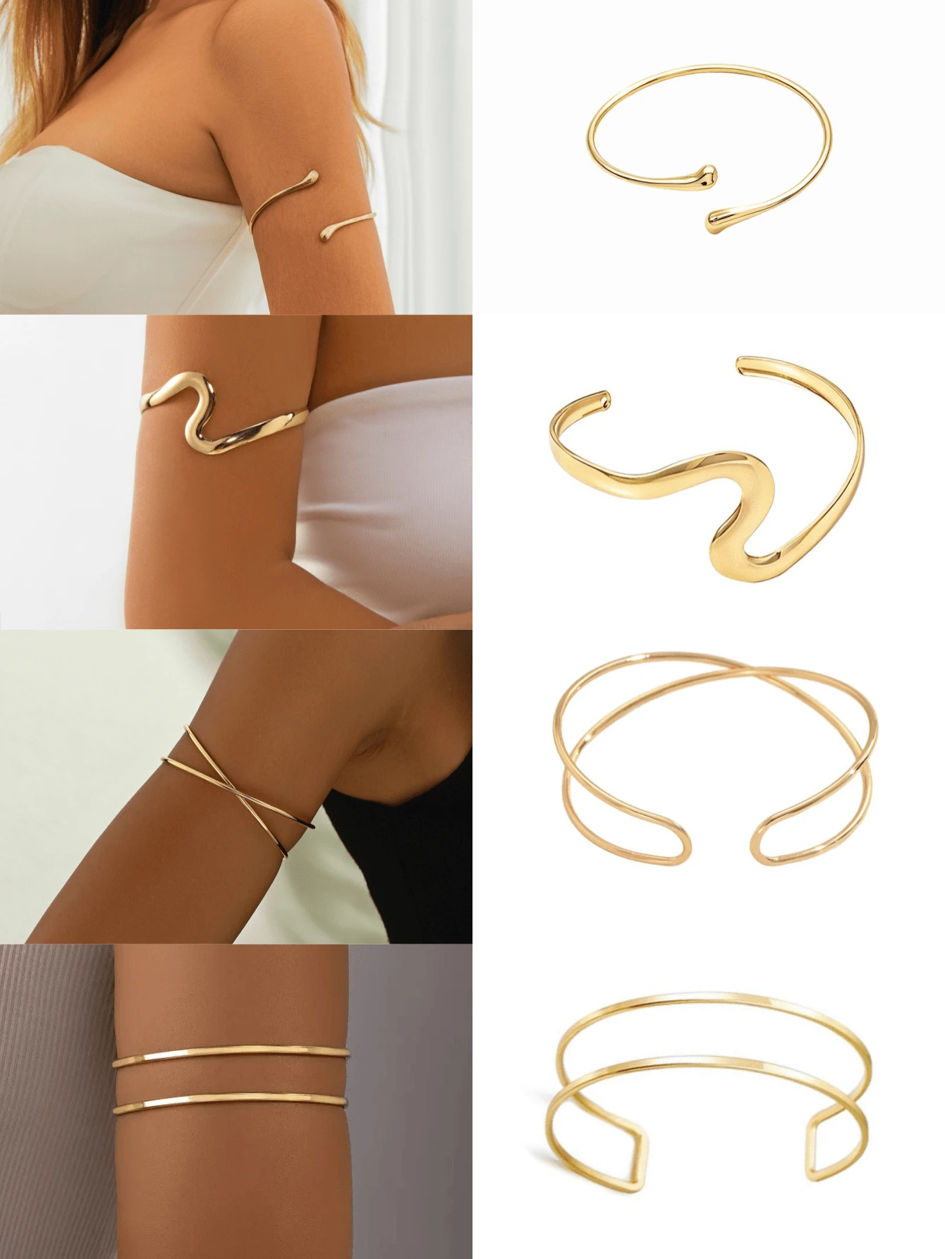 4-Piece Bohemian Premium Gold-Tone Arm Cuff Set, Minimalist Layered Upper Arm Accessories For Women, Suitable For Beach Party Outfits - Gold - View 1