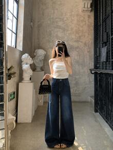 女款休閒日常口袋鈕扣牛仔褲 秋季 - 深色水洗藍 - 查看 4
