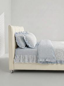 Veyra Day 3pcs Polyester Light Blue Floral Duvet Cover Set, Shabby Chic Ruffled Bedding Set With Gingham Plaid Edge, Cute Floral Comforter Cover With 2 Pillowcases (No Insert) - Sea salt milk blue lotus leaf edge - View 8