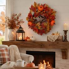 Autumn Harvest Pumpkin Wreath, 15 Inch Artificial Maple Leaf Wreath With Orange Pumpkins And Berries, Suitable For Front Door, Wall And Fireplace Decoration - Pumpkin Berries - View 3