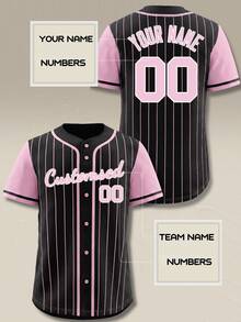 Custom Women Black Pink Baseball Jersey Personalized Name Number Pinstripe Button Up Sporty Gameday Shirt Loose Activewear Tops - Black - View 2