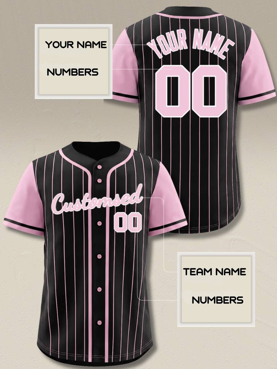 Custom Women Black Pink Baseball Jersey Personalized Name Number Pinstripe Button Up Sporty Gameday Shirt Loose Activewear Tops