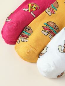 5 pares de calcetines para mujer en blanco, amarillo, rosa y azul, con divertidos y lindos patrones de dibujos animados de hamburguesa, papas fritas, pizza y helado, calcetines de media caña, de tela de punto transpirable, suave y cómoda, adecuados para uso diario, estilo de calle versátil y de moda, para todas las estaciones, interiores y exteriores - Multicolor - Ver 7