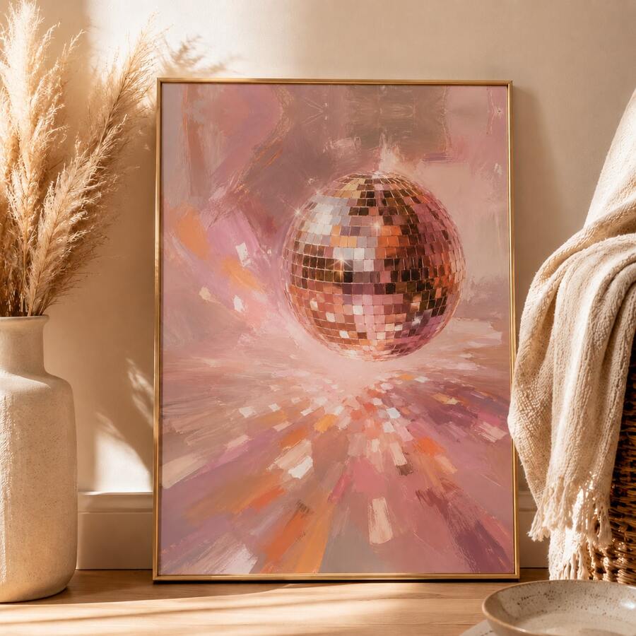 1pc Pink Disco Ball Poster, Abstract Aesthetic Wall Art Print, Unframed Matte Paper Poster For Bedroom Dorm Living Room Decor - 1PC - View 1