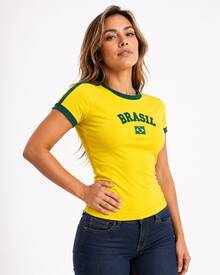 Women's Brazil Embroidered Flag Slim Fit T-Shirt - 黃色的 - 查看 3