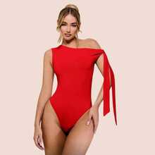 Women's Bodysuit With Tie Bow And Asymmetrical Neckline, Sleeveless, Ideal For Romantic Dates, Casual, Vacation And Summer - 紅色 - 查看 7