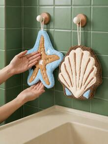 2pcs/1pc Starfish & Seashell Shaped Hanging Hand Towels, Soft Absorbent Quick-Dry Kitchen & Bathroom Towels With Ring Design, Ocean Beach Decor With Hanging Ring, Reusable Plush Hand Towels Suitable For Sink, Guest Bathroom, RV, Dorm And Housewarming Gift - Multicolor - View 5