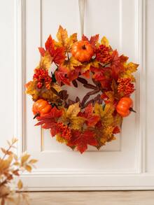 Autumn Harvest Pumpkin Wreath, 15 Inch Artificial Maple Leaf Wreath With Orange Pumpkins And Berries, Suitable For Front Door, Wall And Fireplace Decoration - Pumpkin Berries - View 6