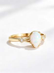 1.25-1.5ct Vintage Gold Plated Pear/Oval Opal Ring, S925 Sterling Silver Band Teardrop Fire Opal, Engagement Ring, Exquisite Jewelry Gift For Women - Style B-white - View 7