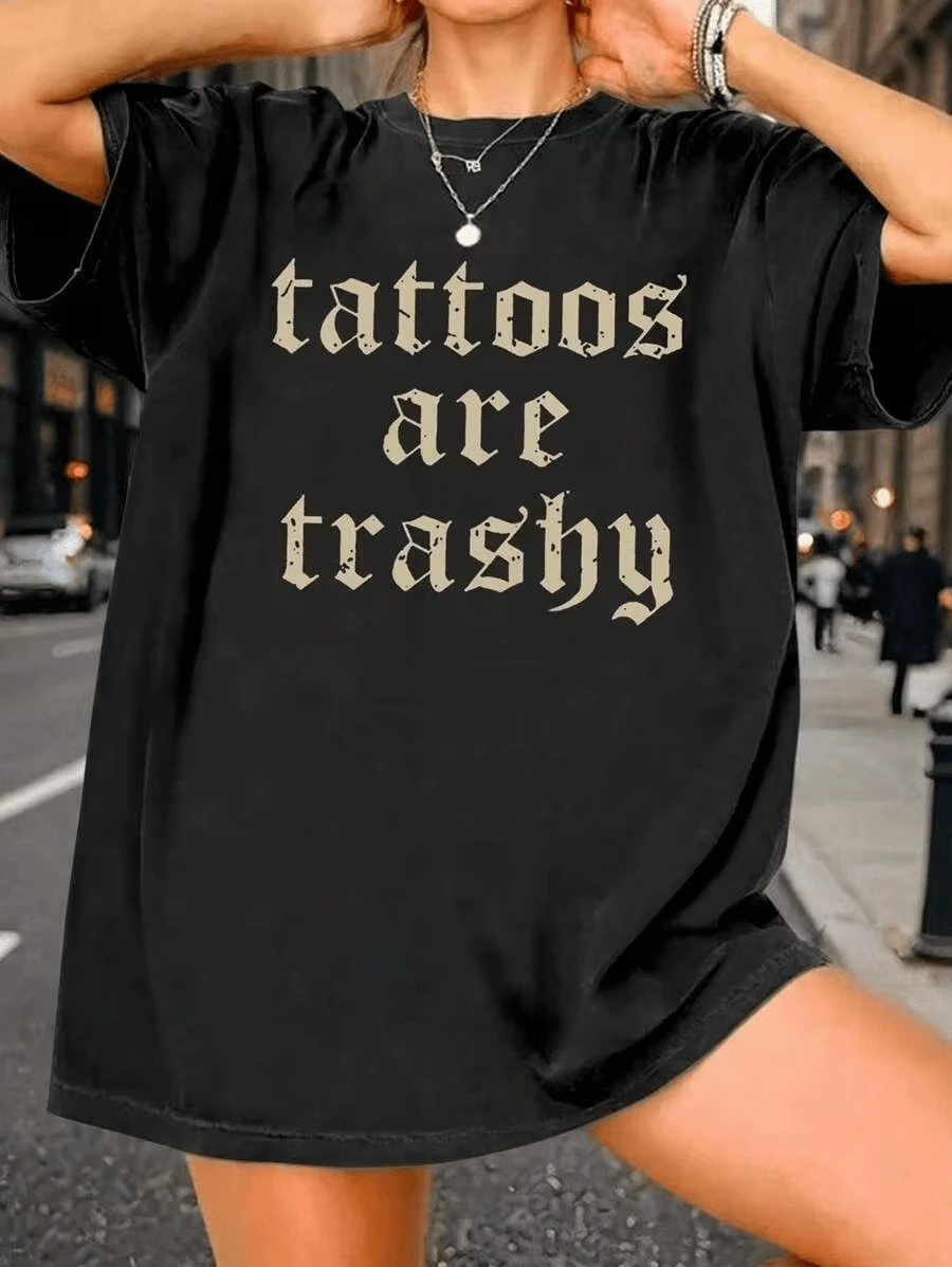Große Größen Buchstaben T-Shirt,Sommer Lässig Buchstaben Muster Kurzarm T-Shirt für Frauen Große Größen,Basis Slogan Top,Alltagsessentiell,Bequemes Große Größen T-Shirt - Schwarz - Übersicht 1