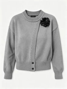 Early Autumn,Irregular Wrap Front Floral 3D Embellished DecorSplit Side Pullover Knit , Crew Neck Drop Shoulder Short Knit Outerwear,Cardigan For Wome - Grey - View 8