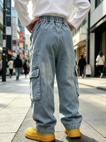 Tween Boys' Autumn Loose Fit Straight Leg Cargo Denim Jeans With Large Pockets, Suitable For Back To School, Daily, Home And Outdoor Casual Wear - Baby Blue - View 6