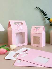 5pcs Kraft Paper Gift Boxes With Bows, Gift Boxes With Clear Window And Carry Handles, Fabric Lid Handheld Gift Bags, Holiday & Birthday Party Supplies, Back-To-School Gift Bags, Perfect For Small Business & Classroom Gifts, Winter Packaging Contai - Multicolor - View 3